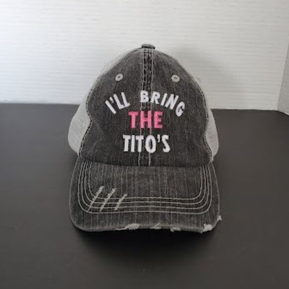 Unisex Distressed Trucker Hat " I'LL BRING THE TITO'S " Adjustable Ball Cap - Picture 2 of 8